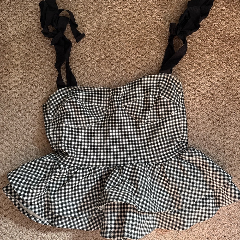 Luxxel Black and White Gingham Peplum Tank Top